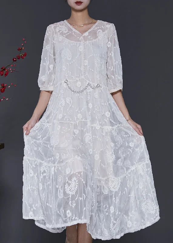 White Silk Maxi Dress V Neck Embroidered Half Sleeve SD1073 Comfortable T-Shirt Maxi Dress White Silk Maxi Dress V Neck Embroidered Half Sleeve SD1073 Comfortable T-Shirt Maxi Dress