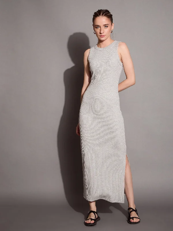 Women Grey Melange Ribbed Sleeveless Bodycon Maxi Dress Comfortable Pleated Maxi Dress Women Grey Melange Ribbed Sleeveless Bodycon Maxi Dress Comfortable Pleated Maxi Dress