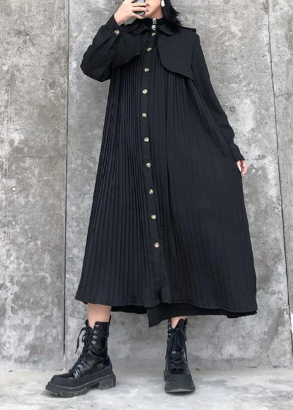 Beautiful black cotton quilting clothes lapel Cinched Maxi Dresses