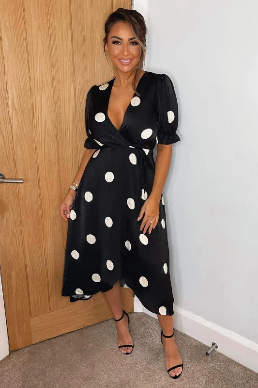 Black And Stone Polka Dot Wrap Side Tie Midi Dress