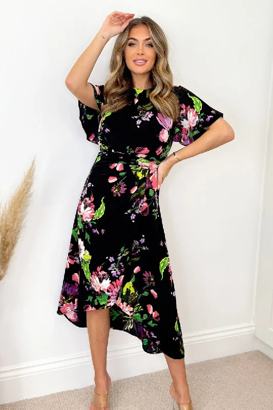 Black Floral Printed Short Sleeve Gathered Side Midi Dress