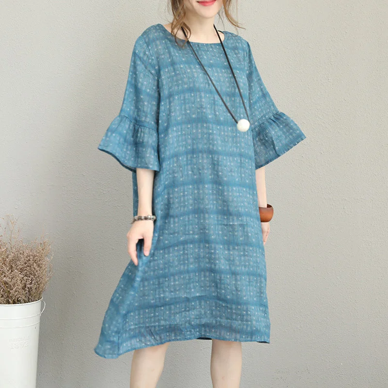 boutique blue pure linen dresses trendy plus size linen maxi dress Elegant o neck flare sleeve linen dresses