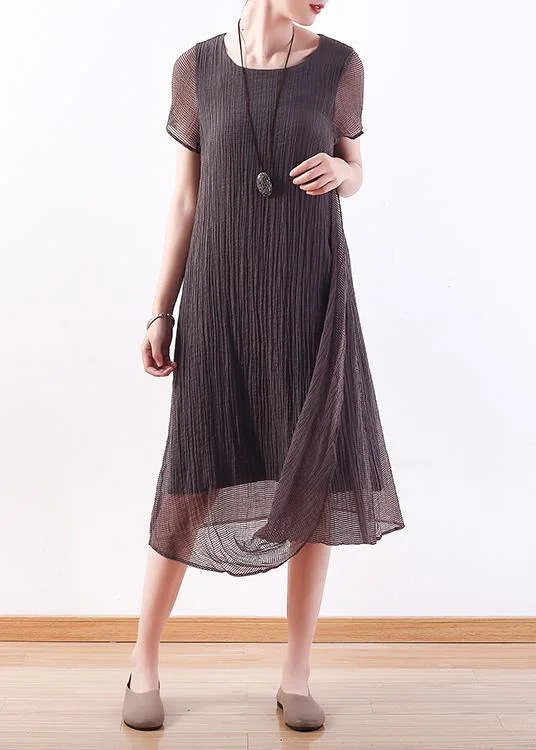 Chic o neck asymmetric silk linen clothes For Women Korea Work Outfits gray Maxi Dresses Summer