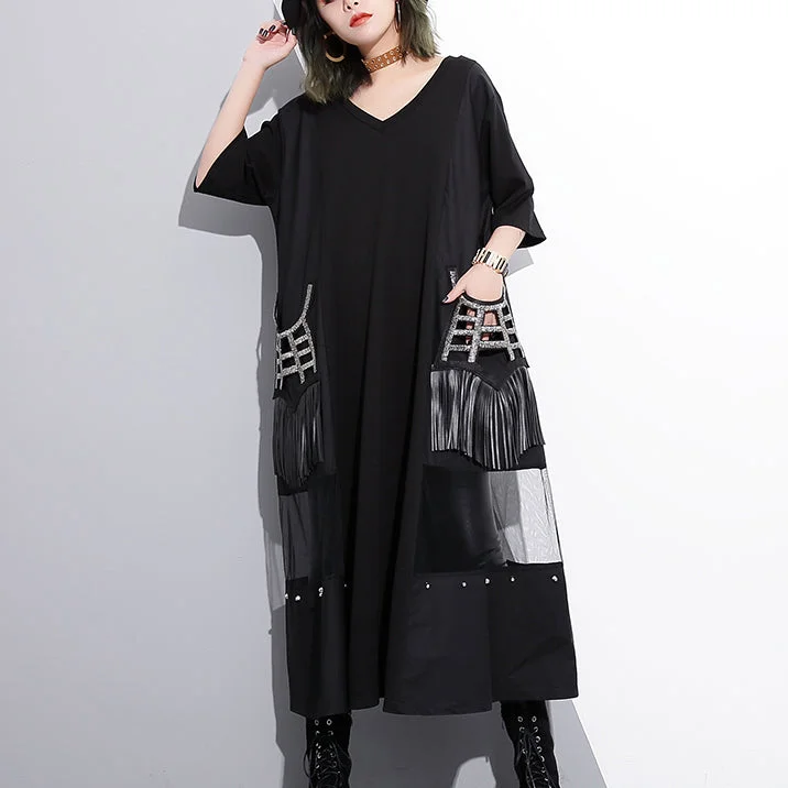 Fine black cotton maxi dress oversize v neck traveling dress Fine tassel pockets cotton caftans