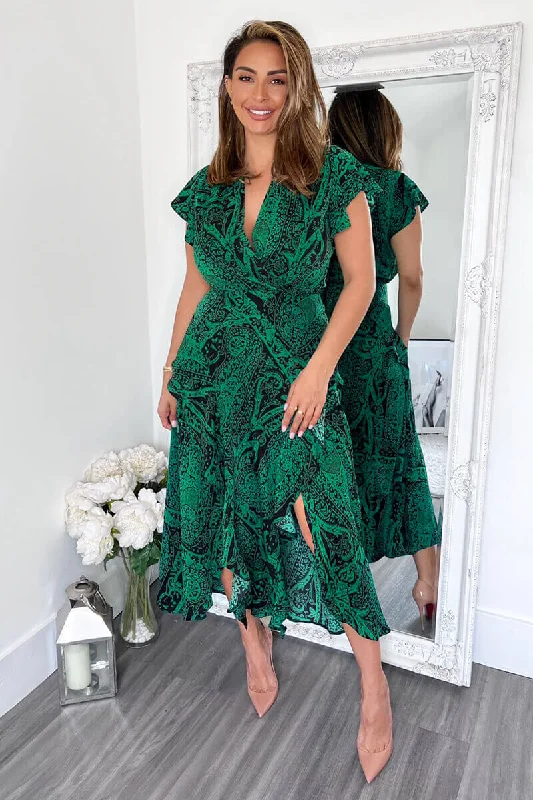 Green Printed Double Frill Split Midi Dress