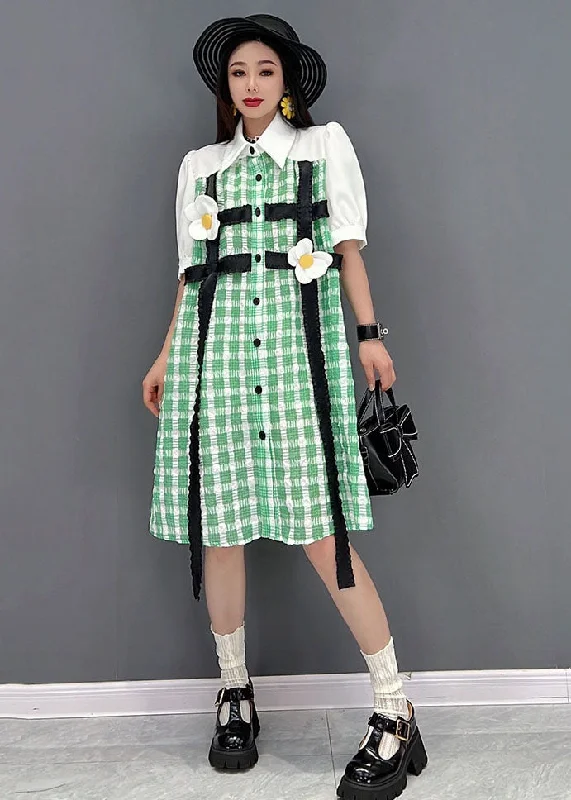 Modern Green Plaid Peter Pan Collar Patchwork Floral Maxi Dress Short Sleeve