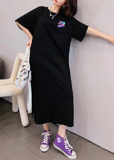 Modern o neck Tunics Shirts black Cartoon print Maxi Dresses