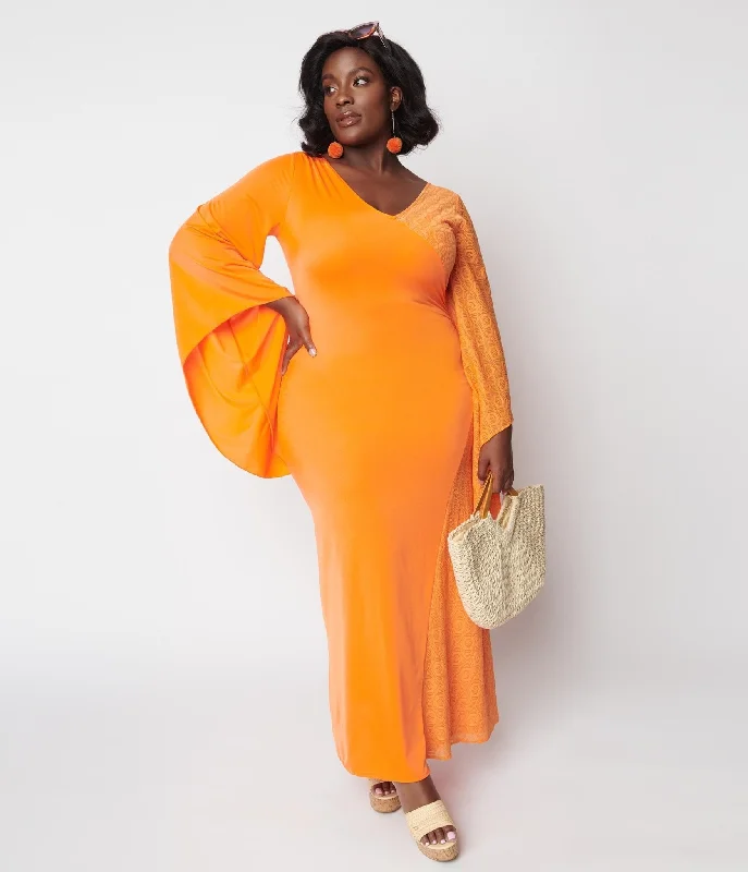 1970s Neon Orange Lace Maxi Dress