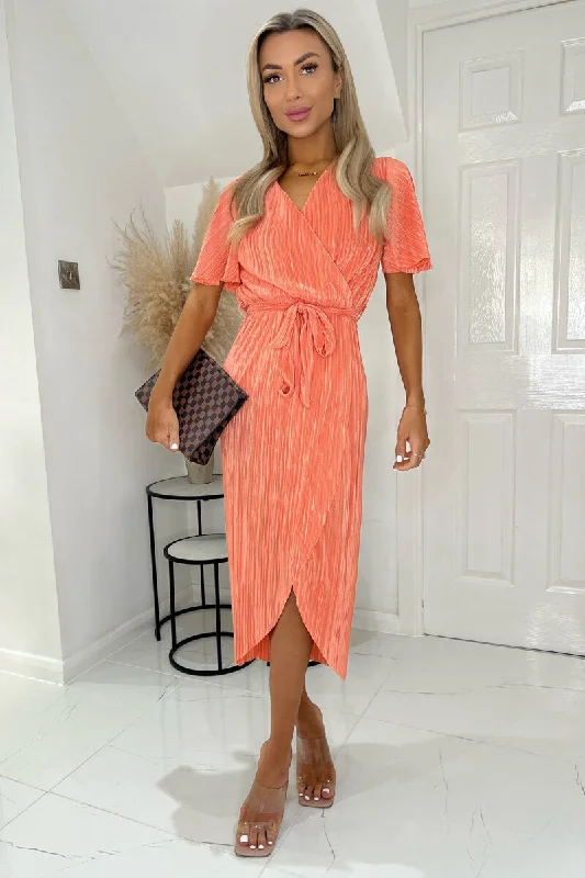 Peach Wrap Top Belted Short Sleeve Plisse Midi Dress