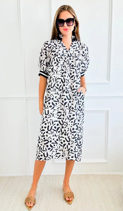 Ruffle Neck Printed Midi Dress