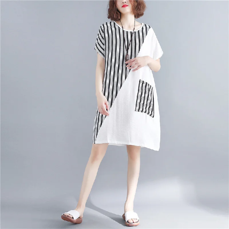 stylish white natural cotton dress oversize maxi dress women short sleeve patchwork O neck dress