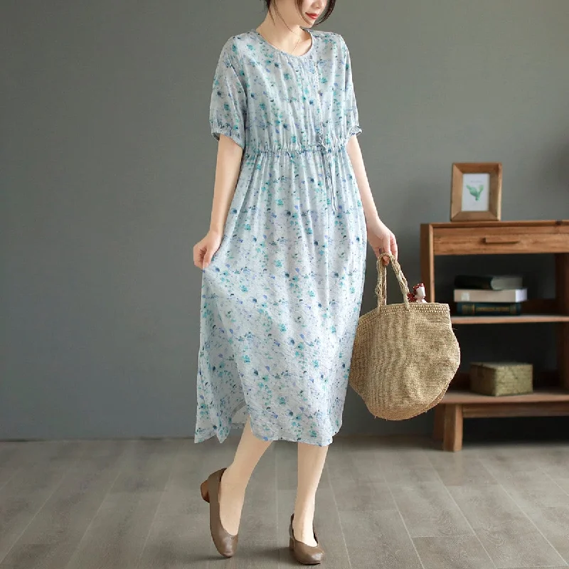 Summer Retro Floral Midi Dress Short Sleeve