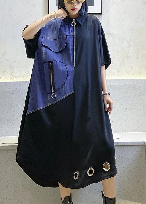 Unique black cotton tunics for women lapel patchwork Maxi Dress