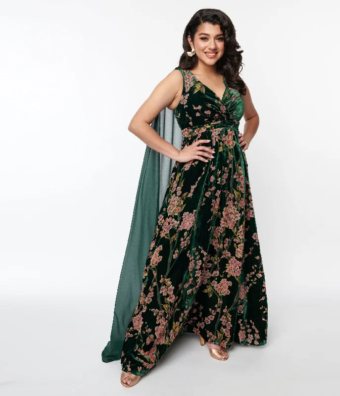 Unique Vintage Emerald & Cherry Blossom Velvet Cape Maxi Dress