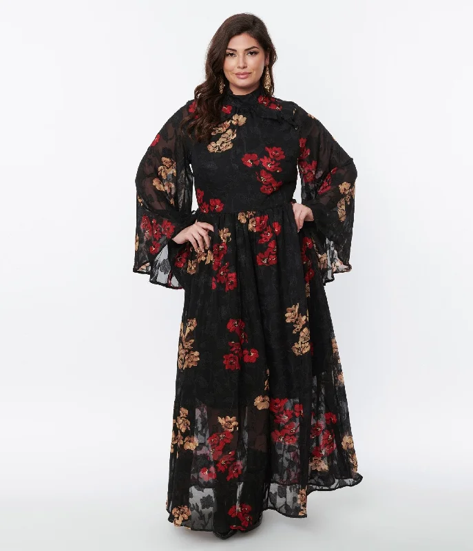 Unique Vintage Plus Size 1970s Black Red & Gold Floral Bell Sleeve Maxi Dress