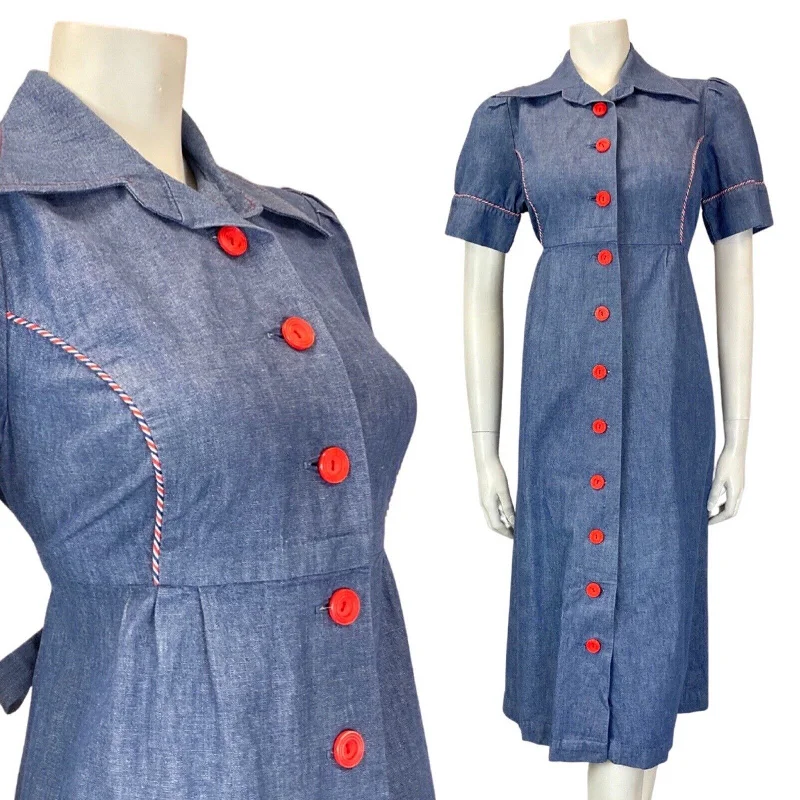 VINTAGE 60s 70s BLUE RED DENIM DAGGER COLLAR WESTERN MIDI DRESS 10 12