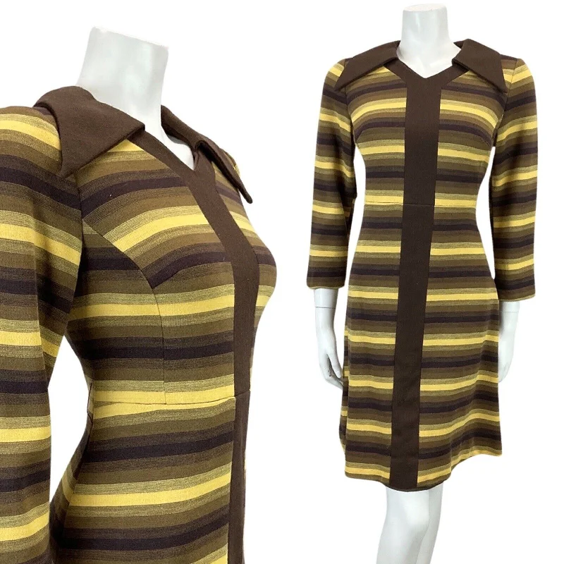 VINTAGE 60s 70s BROWN YELLOW STRIPED MOD BOHO DAGGAR COLLAR MIDI DRESS 10 12