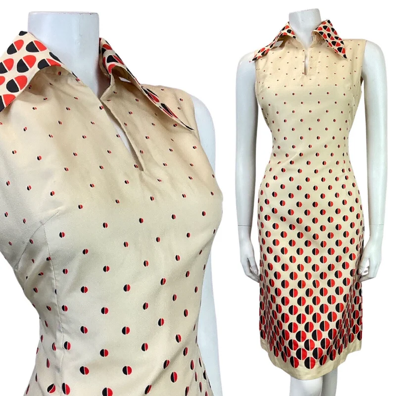 VINTAGE 60s 70s CREAM RED BLACK DOTTY WING COLLAR SLEEVELESS MIDI DRESS 10 12