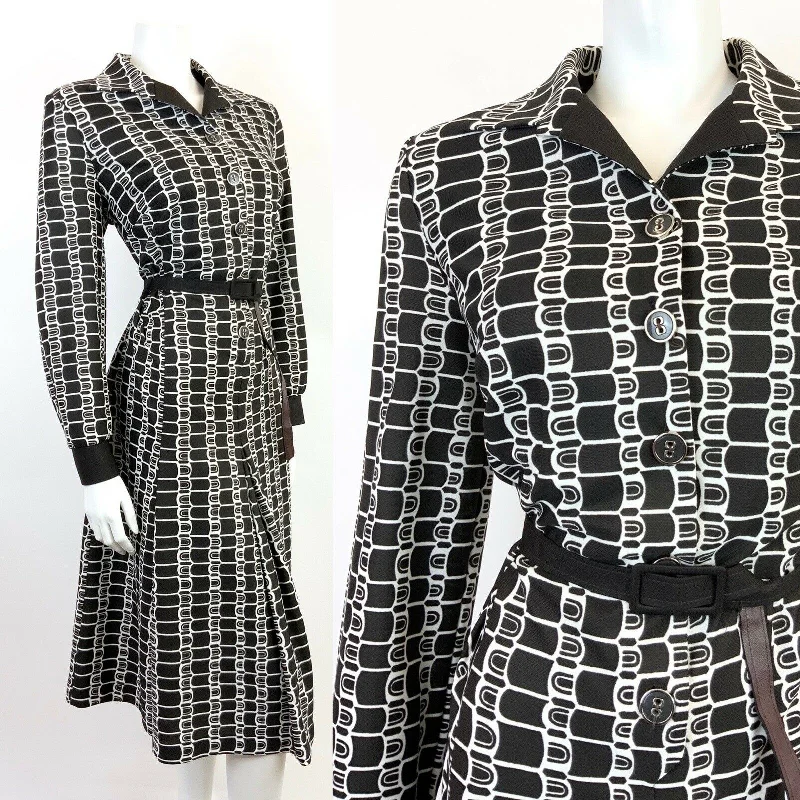 VINTAGE 60s 70s DARK BROWN WHITE GEOMETRIC BELTED SHIRT MIDI DRESS 14 16