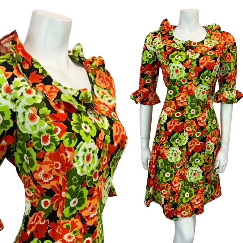 VINTAGE 60s 70s GREEN RED BLACK WHITE FLORAL PRINT RUFFLED MIDI DRESS 12