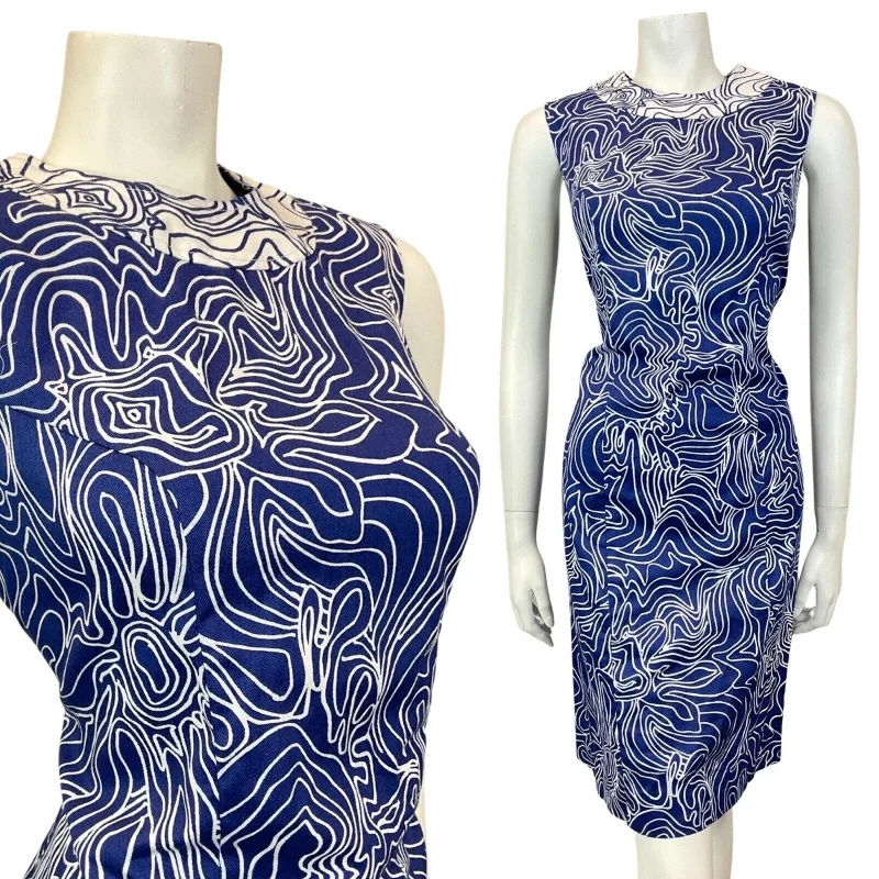 VINTAGE 60s 70s NAVY BLUE WHITE SWIRL PSYCHEDELIC SLEEVELESS MIDI DRESS 10 12