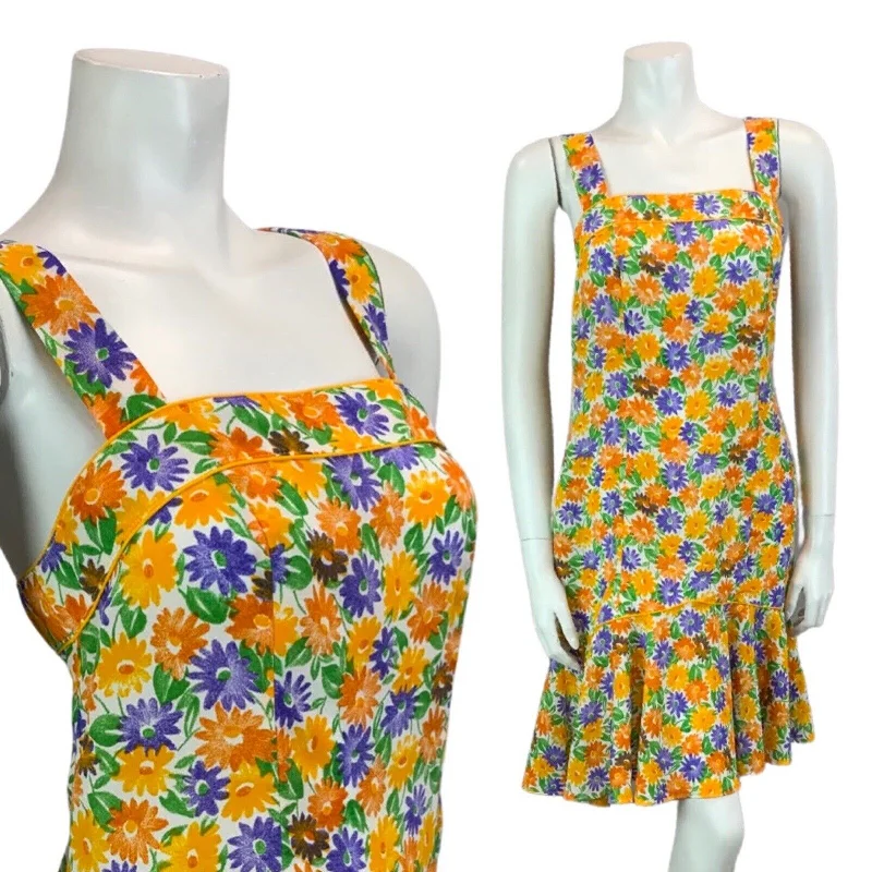 VINTAGE 60s 70s ORANGE YELLOW PURPLE GREEN FLORAL DAISY STRAPPY MIDI DRESS 12 14