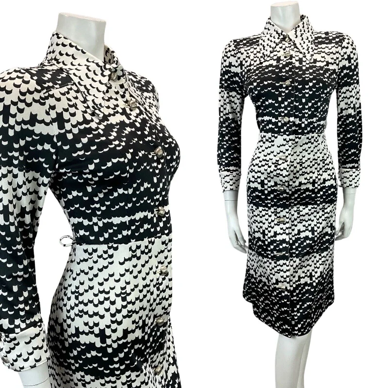 VINTAGE 60s 70s WHITE BLACK ABSTRACT PATTERN MOD BOHO MIDI DRESS 12 14