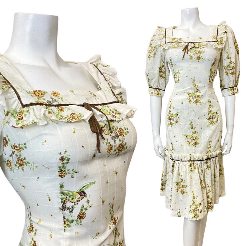 VINTAGE 70s WHITE YELLOW BROWN FLORAL BIRD PRAIRIE FOLK RUFFLE MIDI DRESS 10