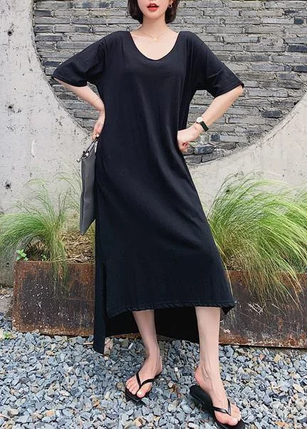 Women black quilting clothes o neck low high design Maxi Dresses