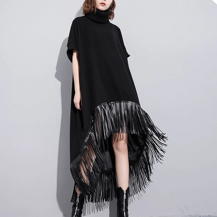 women black wool polyester dresses plus size low high design clothing dress Fine tassel maxi dresses