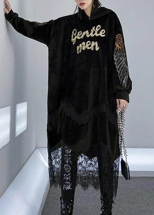 Women patchwork lace alphabet pattern Catwalk black hooded Maxi Dress