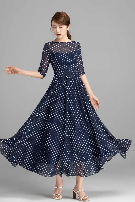 Blue and White Polka Dot chiffon Maxi Dress 2354