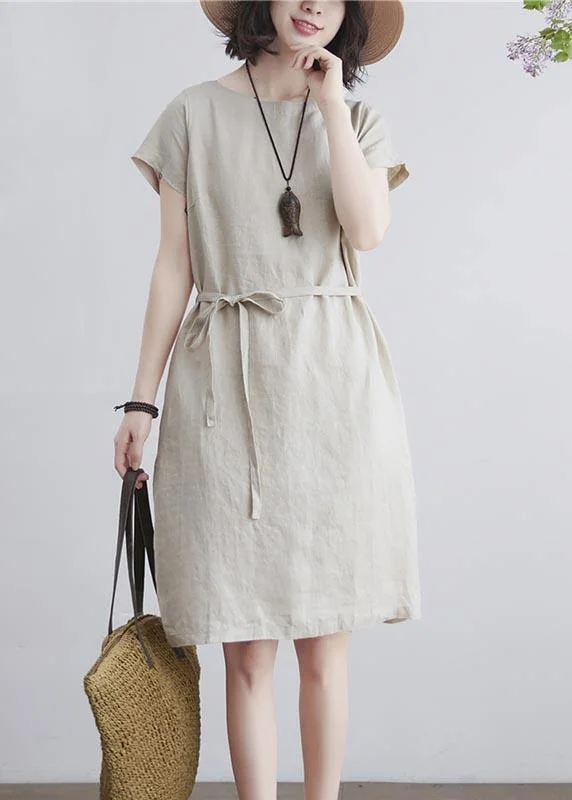 Fine Beige tie waist  Cotton Linen Summer Maxi Dress