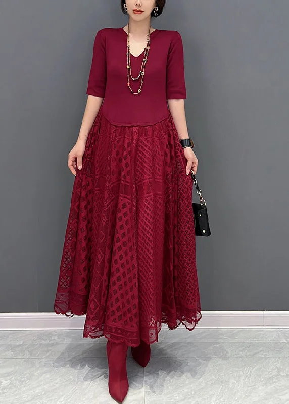 Fine Red V Neck Tulle Patchwork Maxi Dress Fall