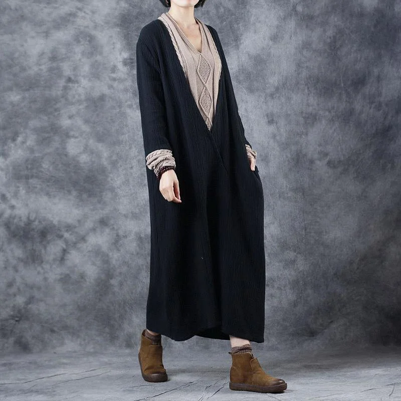 French Black Apricot V Neck Patchwork Pockets Fall Knit Long Sleeve Maxi Dress