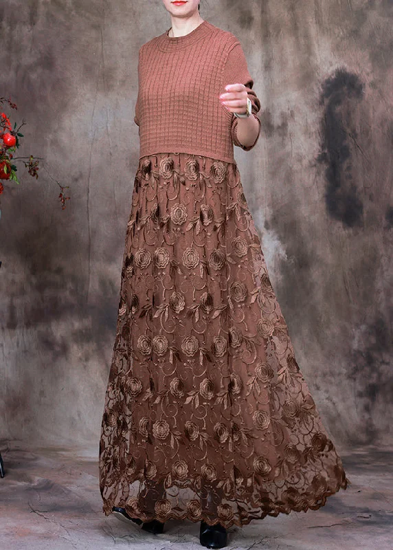 French Coffee O-Neck Embroideried Lace Patchwork Knit Maxi Dress Long Sleeve