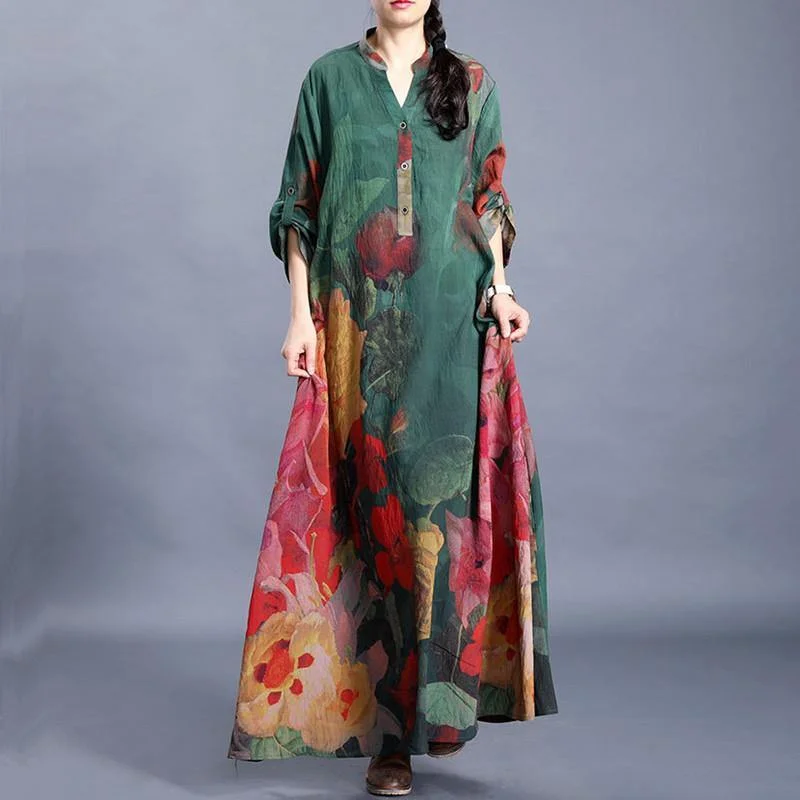 French green print dresses v neck baggy Maxi Dress