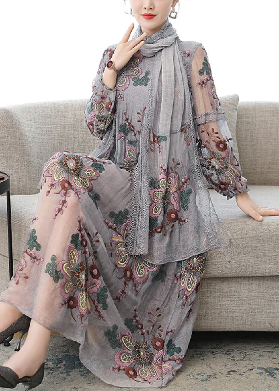 French Grey V Neck Embroideried Wrinkled Tulle Party Maxi Dress Fall