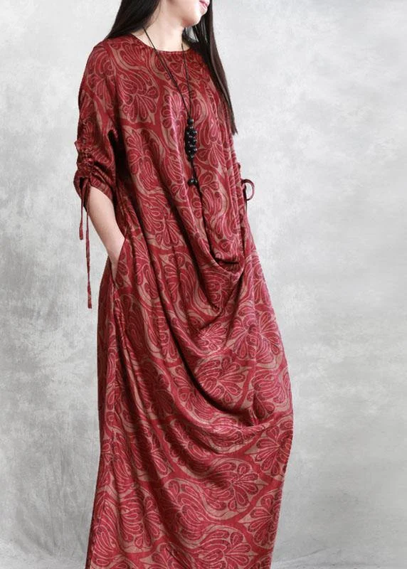 French Red Asymmetrical Design Button Fall Print Maxi Dresses Half Sleeve