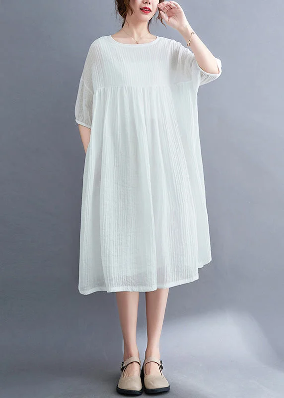 French White O-Neck Patchwork Maxi Dress Short Sleeve