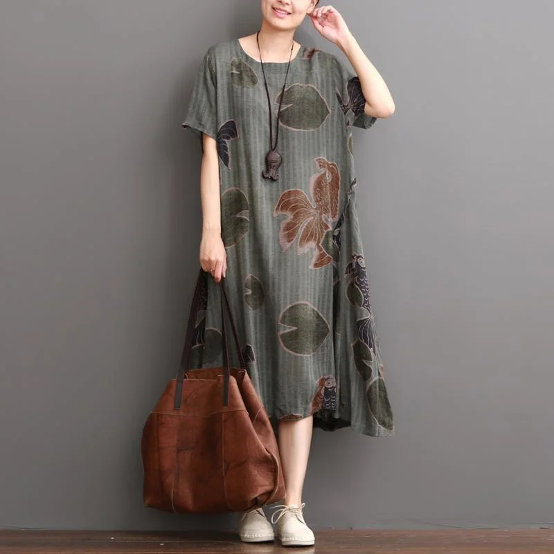 Gray green linen dress summer maxi dress long floral sundress