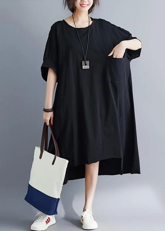 Handmade Black Pockets Cotton Linen Summer Maxi Dress