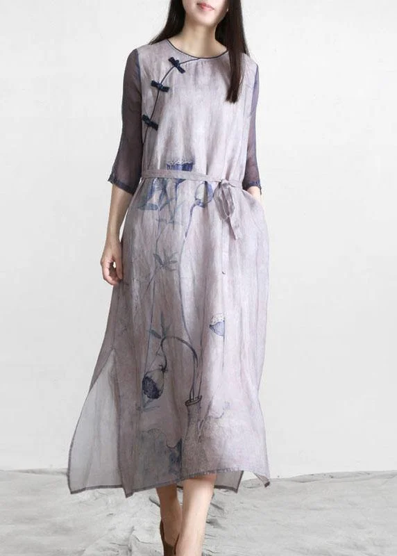 Handmade Light Purple Print Patchwork Linen Summer Maxi Dress