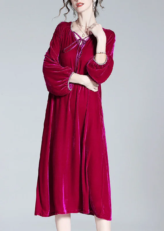 Handmade Red V Neck Neck Tie Solid Velour Maxi Dress Spring