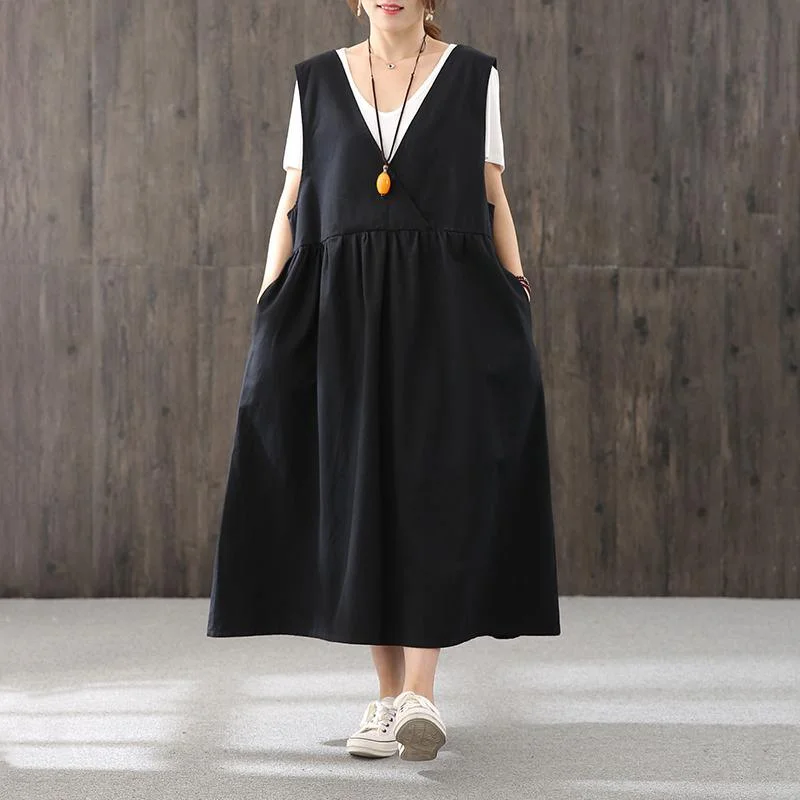 Handmade v neck sleeveless fall quilting dresses Shirts black Maxi Dress