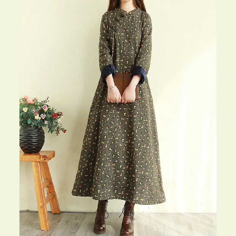 Handmade winter cotton long sleeve tunics for women design green prints Maxi Dress