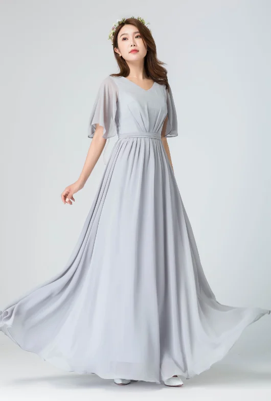 Light Gray V Neck Chiffon Bridesmaid Dress, A Line Maxi Dress, maxi long dress 1910#