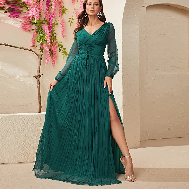 NiDELL Europe and America Cross Border Dress Long Sleeve Chiffon V-neck Slit Dress Waist-Controlled Lace-up Pleated Maxi Dress-Ssn218