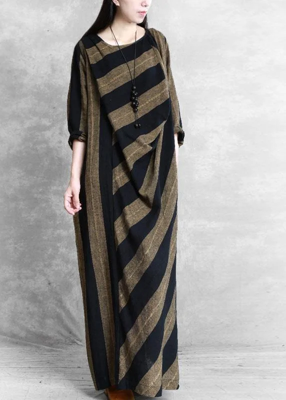 Plus Size Khaki Asymmetrical Design Striped Fall Maxi Dresses Long Sleeve