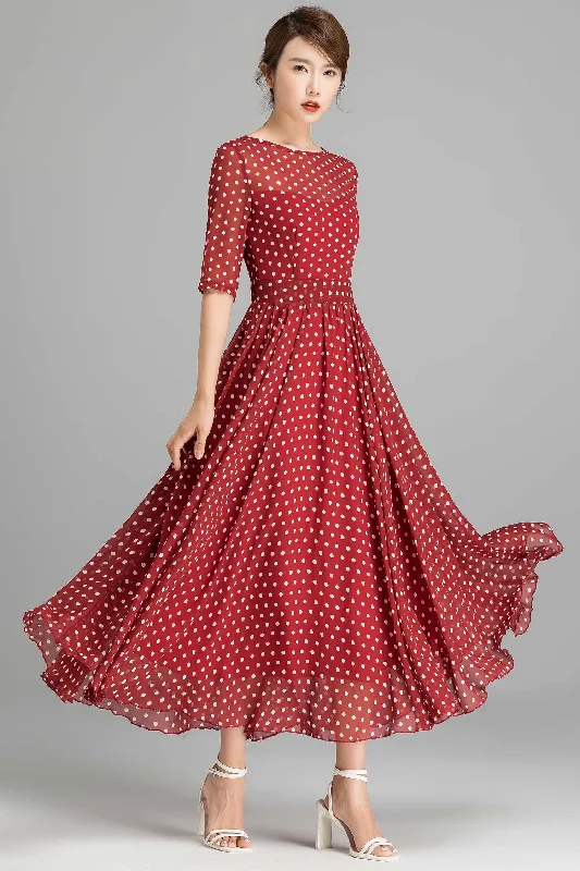 Red Polka Dot Chiffon Maxi dress 2364